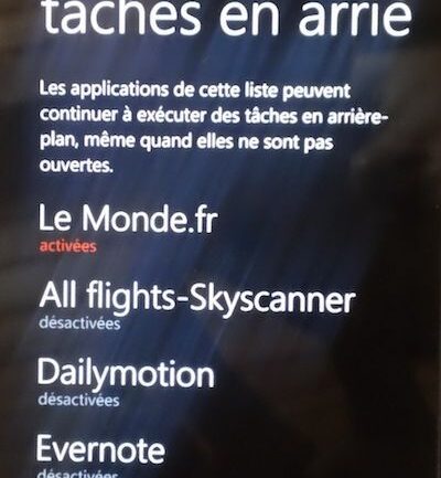 Capture d'écran - Liste des tâches en arrière-plan sous Windows Phone 7