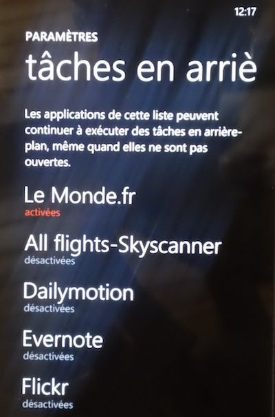 Capture d'écran - Liste des tâches en arrière-plan sous Windows Phone 7