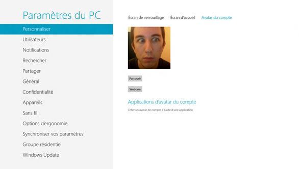 Capture d'écran - Paramètres de l'Avatar du compte de Windows 8