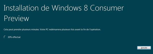 Capture d'écran - Installation en cours de Windows 8 Consumer Preview