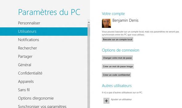 Capture d'écran - Options Utilisateurs de Windows 8