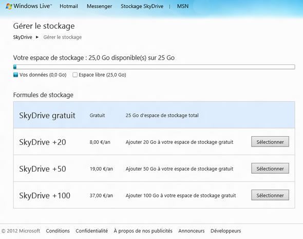 Capture d'écran - Gestion du stockage de SkyDrive