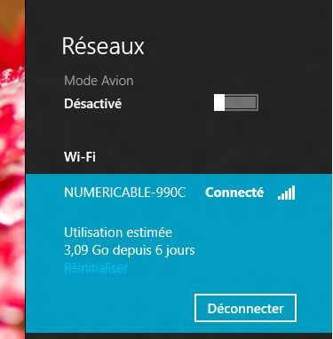 Capture d'écran - Affichage de l'utilisation des données estimée sous Windows 8