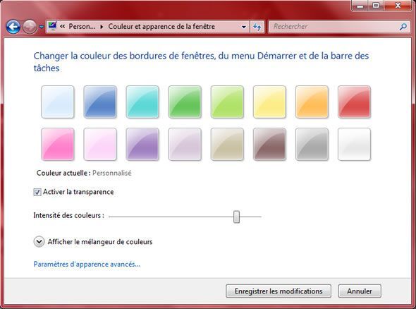 Capture d'écran - Modification de la couleur des fenêtres dans Windows 7