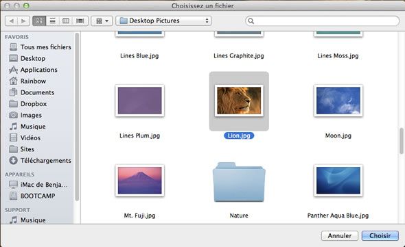 Capture d'écran - Choix de votre image de fond pour l'écran de connexion de MacOS X Lion