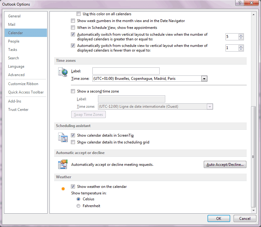 Capture d'écran - Options Météo de Microsoft Office Outlook 2013