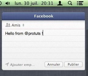 Capture d'écran - Mise à jour d'un statut Facebook sous Mountain Lion