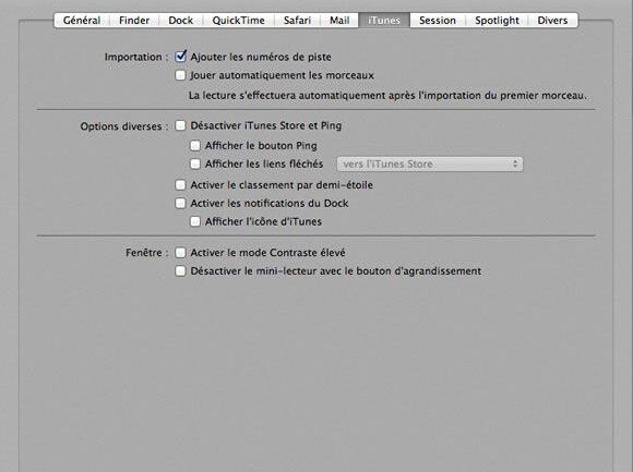 Capture d'écran - Fenêtre des Paramètres, iTunes - Onyx