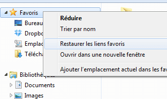 Capture d'écran - Restaurer les dossiers favoris de l'explorateur Windows