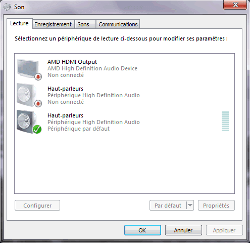 Capture d'écran - Propriétés du son sous Windows 7