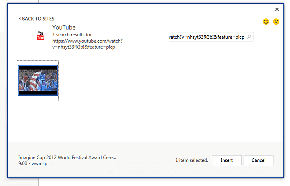Capture d'écran - Choix de la vidéo YouTube à intégrer dans votre document Word 2013