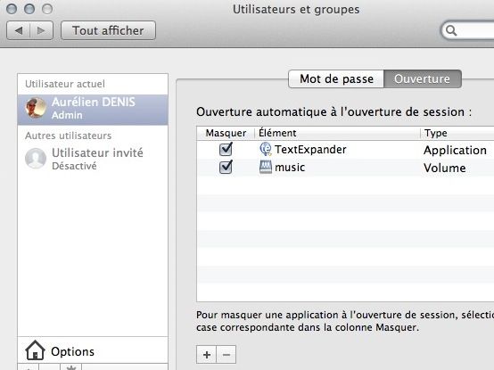 Capture d'écran - Choix des services à l'ouverture d'une session MacOS X