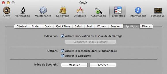 Capture d'écran - Paramètres de Spotlight via Onyx sous Mac OS X