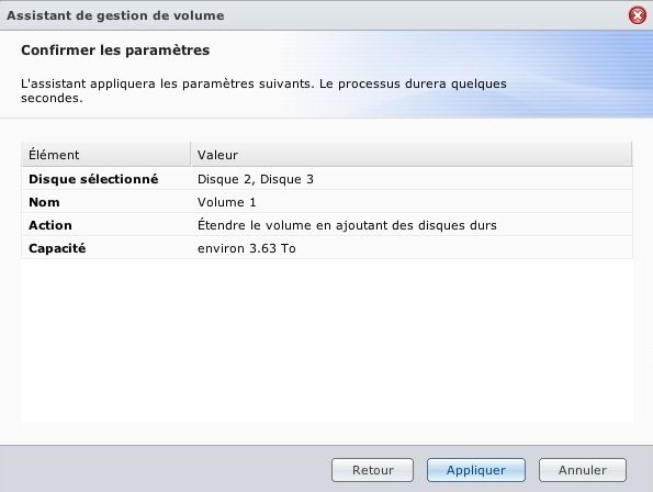 Capture d'écran - DSM 4.1, récapitulatif avant augmentation
