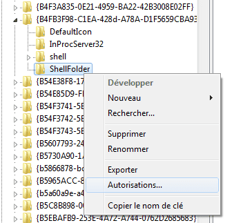 Capture d'écran - Modification des autorisations d'une clé du registre