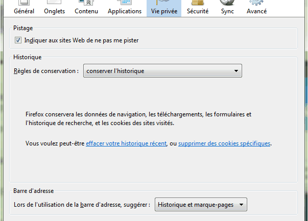 Capture d'écran - Onglet Vie privée de Firefox