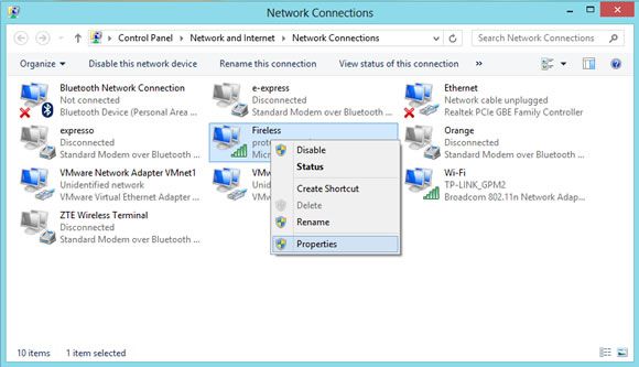 Capture d'écran - Connexions réseaux sous Windows 8