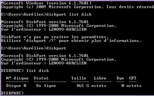 Capture d'écran - Invite de commandes, diskpart