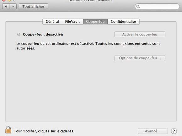 Options de Sécurité et confidentialité, onglet Coupe-feu sous Mac OS X Mountain Lion