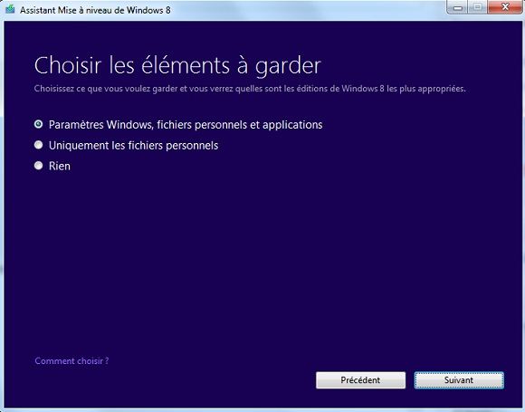 Capture d'écran - Choix des éléments à garder pour le passage à Windows 8