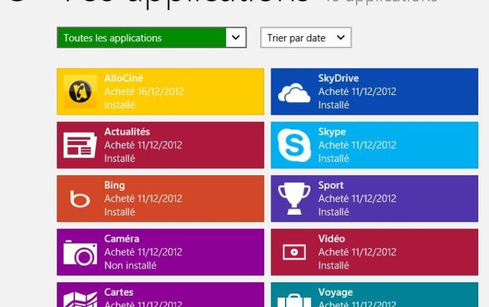 Capture d'écran - Windows 8, liste des applications