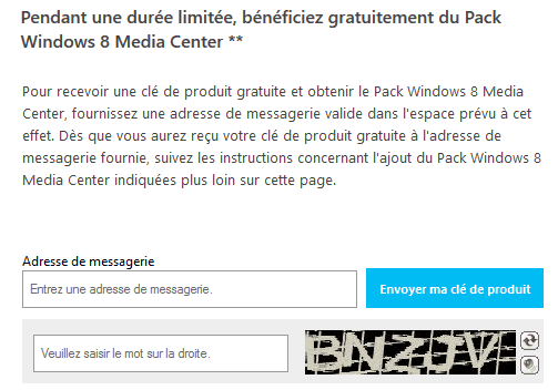 Demande d'une clé d'activation pour Windows Media Center sous Windows 8