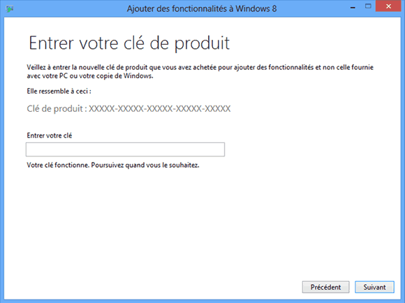 Saisie de la clé d'activation de Windows Media Center pour Windows 8