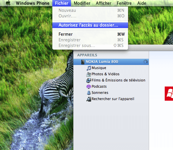 Capture d'écran - Windows Phone Connector sous MacOS X