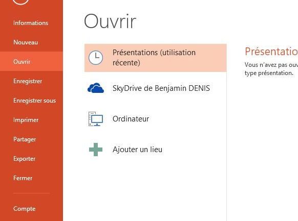 Capture d'écran - Menu Office 2013 de PowerPoint