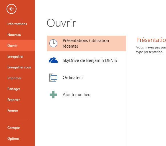 Capture d'écran - Menu Office 2013 de PowerPoint