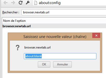 Capture d'écran - Modification de browser.newtab.url