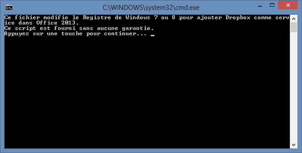1ère étape du script pour ajouter Dropbox à Office 2013