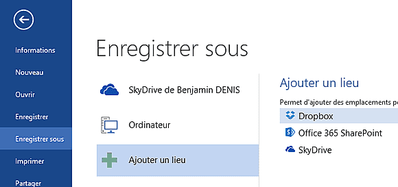 Ajouter un lieu d'enregistrement à Office 2013