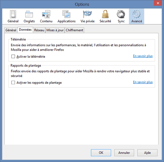 Options Avancées - Partie Données de Firefox 20