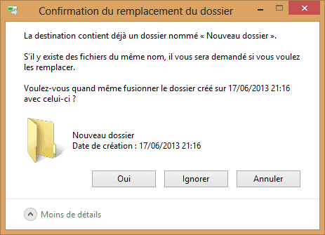 Capture d'écran - Message de conflit de fusion de dossiers sous Windows 8