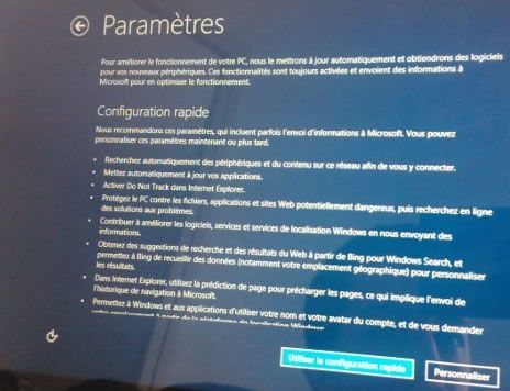 Capture d'écran - Paramètres de configuration de Windows 8.1