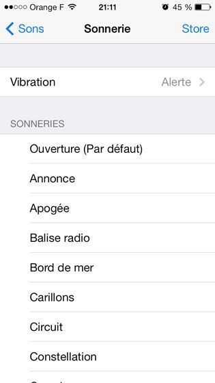 Capture d'écran - Paramètres de sonnerie, iOS 7