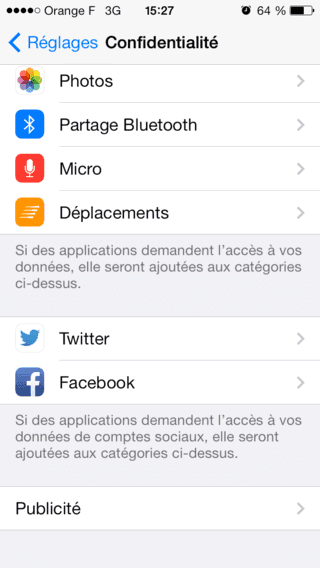 Capture d'écran - Paramètres de confidentialité, iOS 7