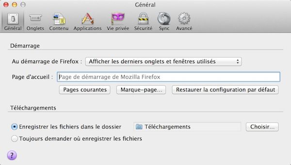 Capture d'écran - Options générales de Firefox