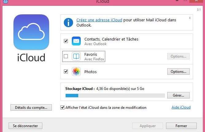 Capture d'écran - Tableau de Bord iCloud sous Windows