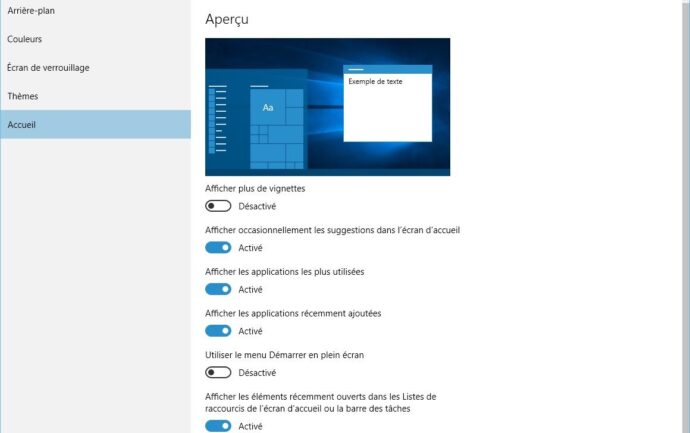 Capture d'écran - Options de personnalisation de Windows 10