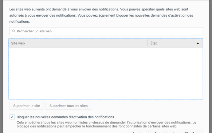 Capture d'écran - Paramètres des notifications push sous Firefox