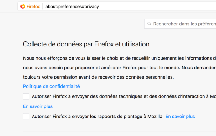 Capture d'écran - Options de vie privée de Firefox Quantum