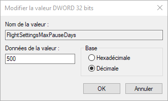 Capture d'écran - Edition de la valeur FlightSettingsMaxPauseDays, Windows 10