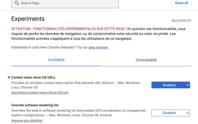 Capture d'écran - options expérimentales Google Chrome