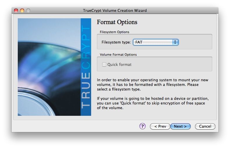 Capture d'écran - TrueCrypt, options du type de formatage