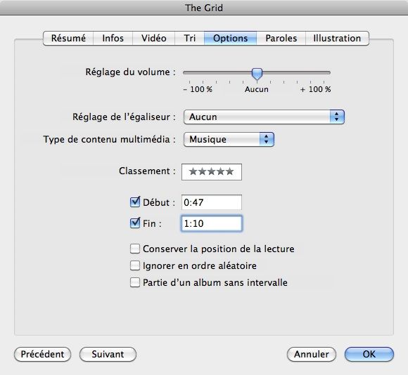 Capture d'écran - Options de votre piste musicale sous iTunes