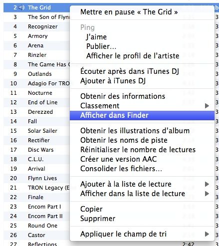 Capture d'écran - Menu contextuel iTunes, Afficher dans le Finder