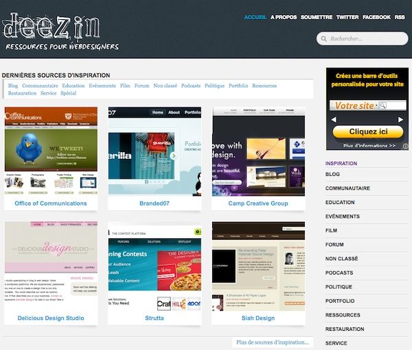Capture d'écran - Page d'accueil de Deezin.org, ressources pour webdesigners