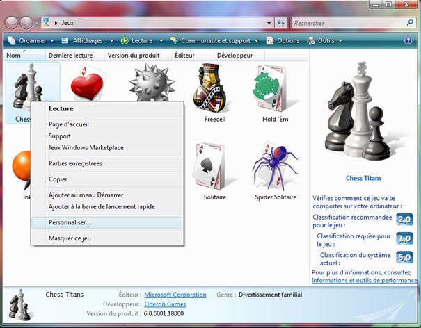 Capture d'écran - Dossier Jeux dans Windows Vista